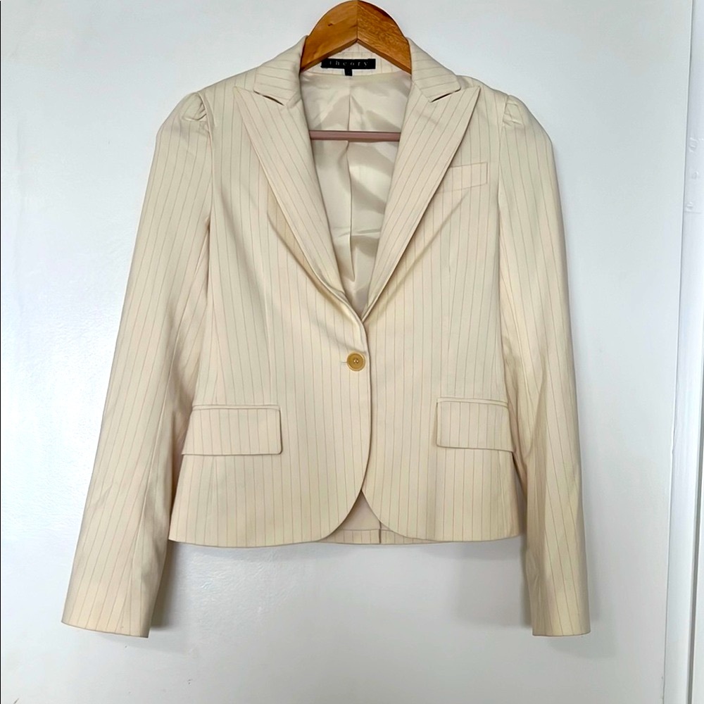 Theory Cream and Pinstripe Tailored Blazer with Notched Lapels